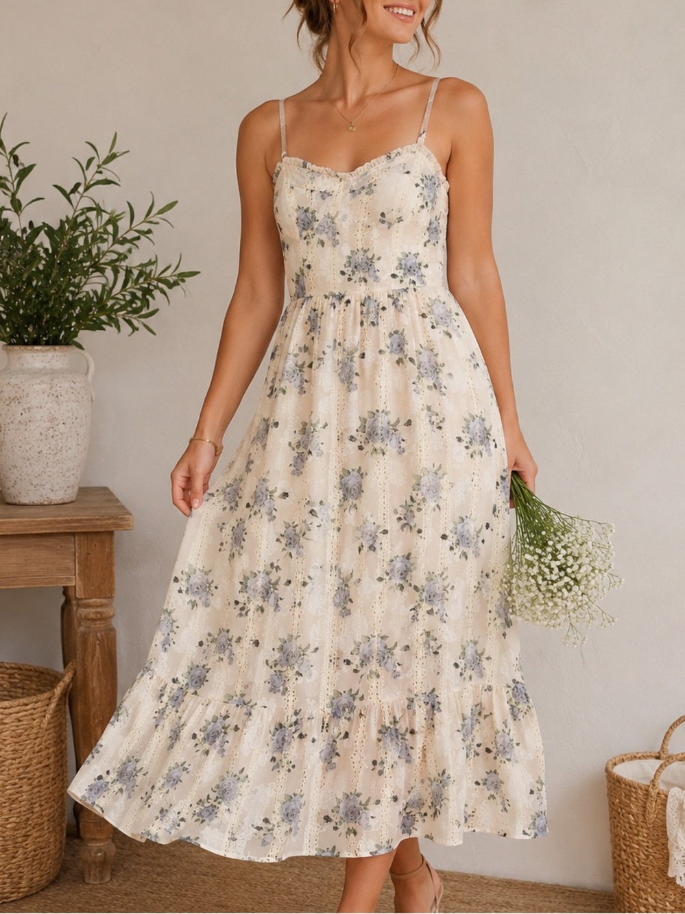 Storia Floral Lace Midi Dress Large Removable Straps Corset Cottagecore